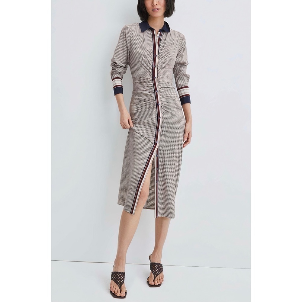 NWT Veronica Beard Midi Silk Ruched Long-Sleeve Mesika Shirt Dress